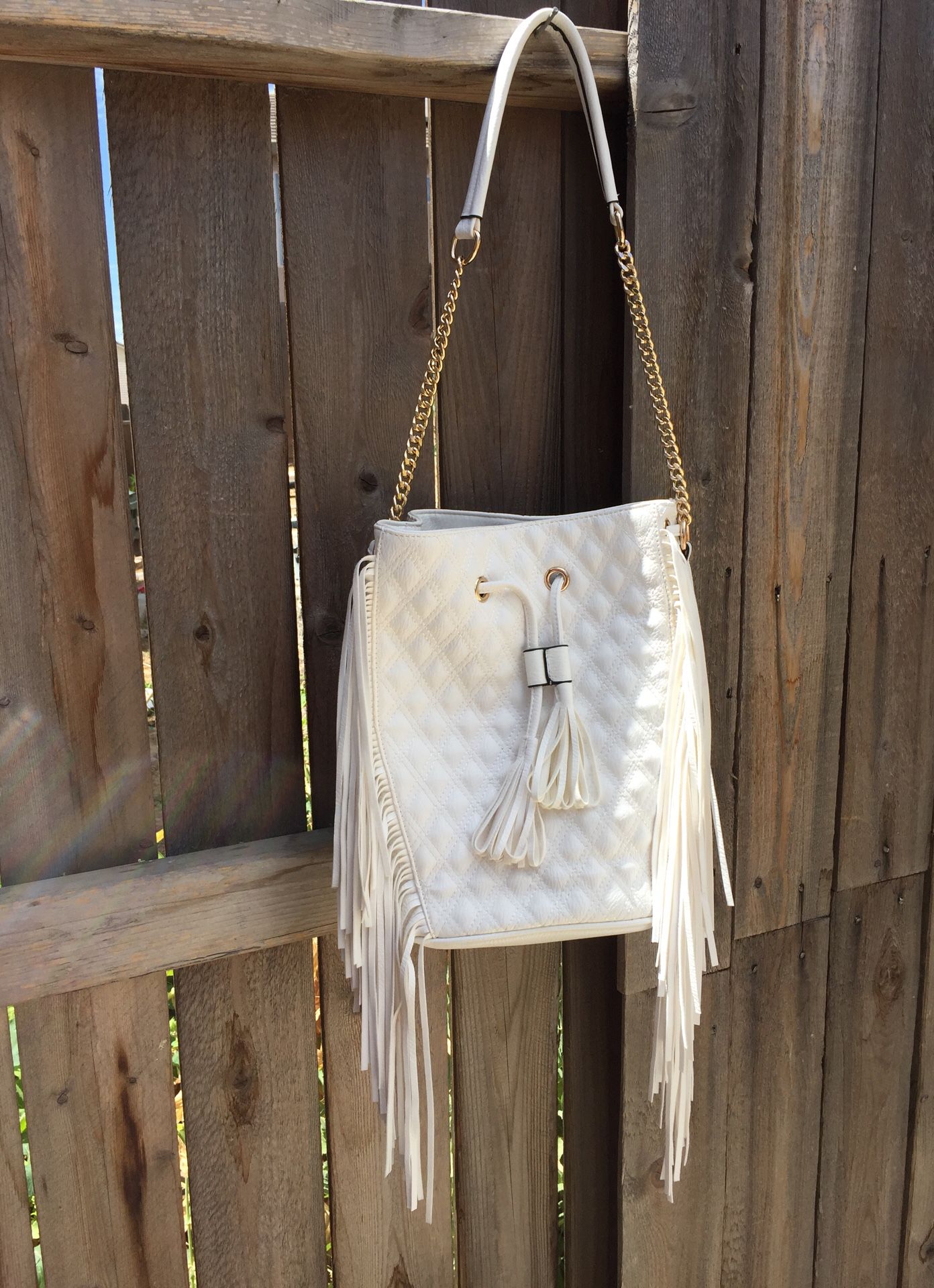 Brand new white & gold tote bag with heavy fringes