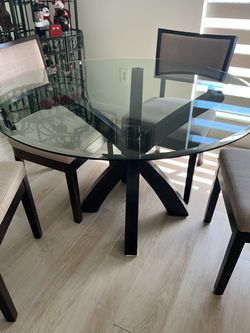 Round Glass Top Dining Table with Chairs and Buffet