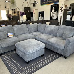 Sectional Sofa With Ottoman In Gray Corduroy Fabric 