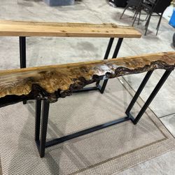 Live edge Maple Burl Sofa style table 