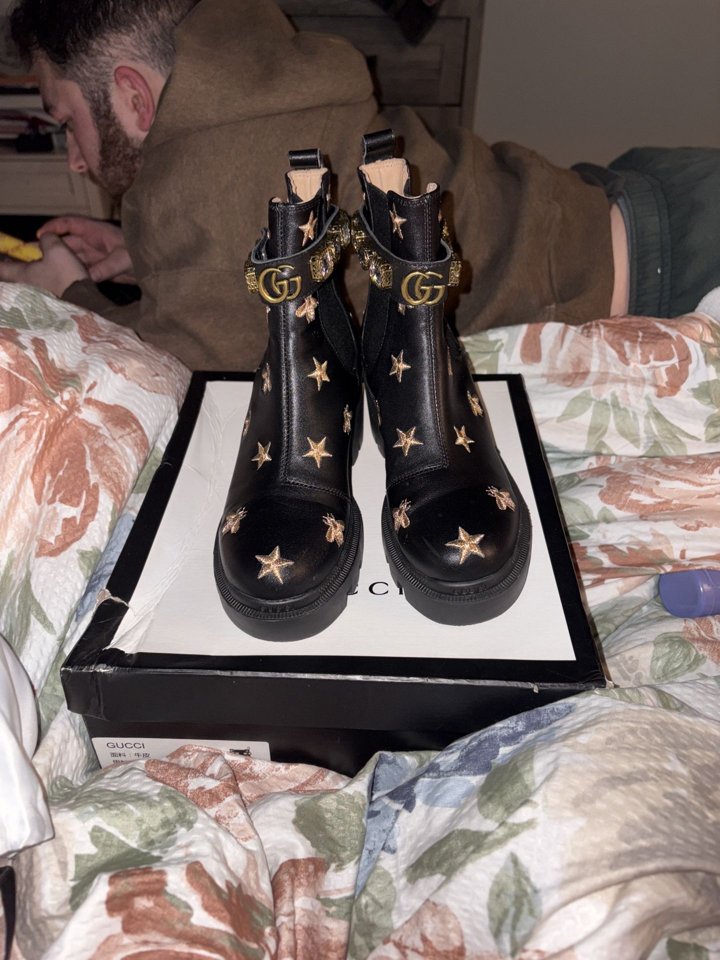 Gucci Ankle Boots With Gold Stars And Bees