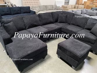 NEW LARGE U Shape Sectional Sofa Chenille Fabric Black Dark Grey Gray Ashley Style Modern Couch and Chaise Set Ottoman Seccional Big Clearance SALE
