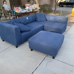 Blue Fabric Sectional With Matching Ottoman 