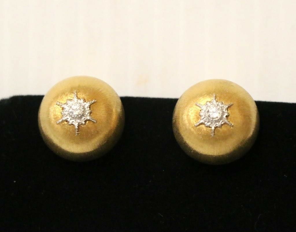 Buccellati Macri Diamond Button Clip On 18K 750 Yellow Gold Rigato Earrings