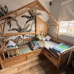 L-Shaped Twin House Bed with 2 Twin Mattresses & Storage Drawers