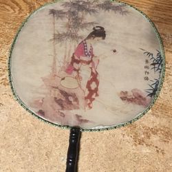 Silk Oriental Fan Round Girl Sitting By Trees