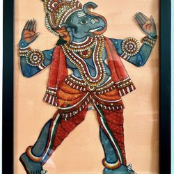 Beautiful framed hand-cut, hand-painted leather shadow puppet of Hindu God Ganesha