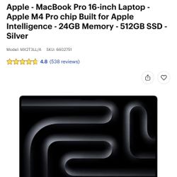 Apple - MacBook Pro 16-inch Laptop - Apple M4 Pro chip Built for Apple Intelligence - 24GB Memory - 512GB SSD - Silver