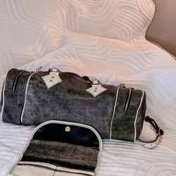 Gray Suede and Bone Leather Trim Handcrafted Duffle bag  set