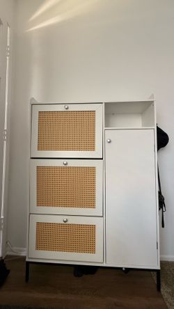 Modern White Shoe Cabinet with Rattan Design – Elegant Storage Organizer