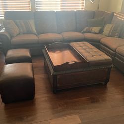 Brown Leather Sectional With Storage Ottoman and 2 Small Ottomans 