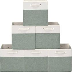 Large Storage Basket, Collapsible Fabric Basket with Handles for Home Organization, Toy Box, Closet(13 Inch-White Green-6 Pack)