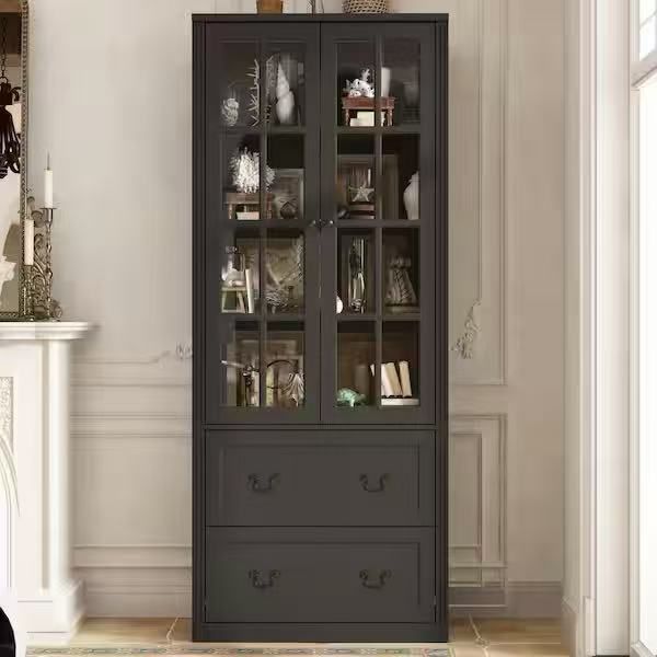 Bookshelf with Glass Doors, Tall Bookcase 4-Shelves 2 Glassy Doors & 2 Drawers black $140 