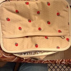 Bluboon Corduroy beige strawberry print Insulated Lunch Bag with Cooler & Organi