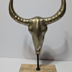 Vintage 14" Bull Skull Head Sculpture on Wood Base Western Style Decor