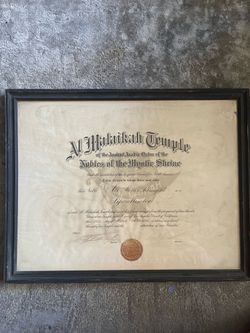 Original 1926 Shriners Life Membership Certificate – Al Malaikah Temple Los Angeles