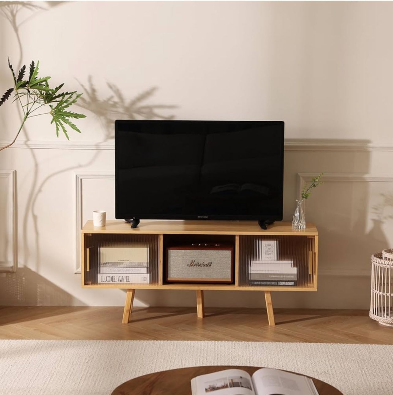 Brand New In The Box- Bamboo TV Stand Entertainment Center- Mid-Century Modern Television Stand for 50 inch TVs, Bamboo Media Console Table, Open Stor