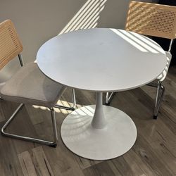 White Round Tulip Table w 2 Cane Back Chairs Dining Set