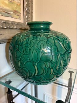 Vintage Korean pottery vase-malachite carved relief design 10”