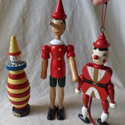 Lot of 3 Colorful Wooden Toy Stacking Clown / Jointed Pinocchio