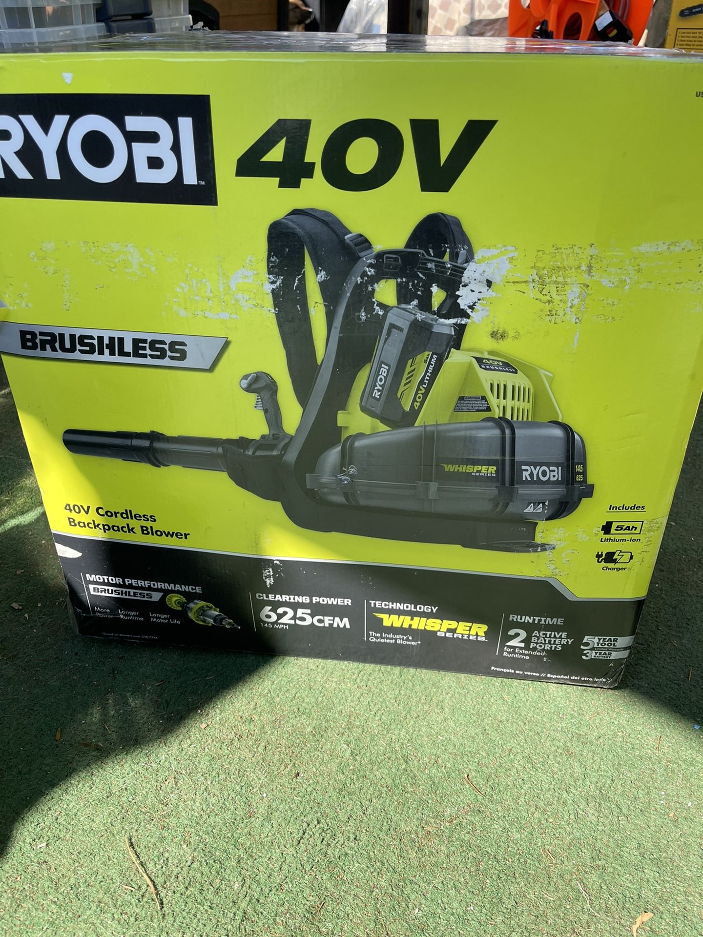 RYOBI 40V Whisper Series 145 MPH 625 CFM Cordless Battery Backpack Leaf Blower with 5.0 Ah Battery and Charger