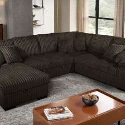 CHOCOLATE CORDUROY SECTIONAL WITH PULLOUT AND STORAGW