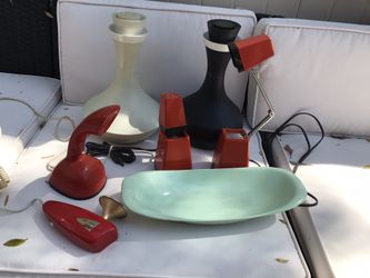 Beautiful lot of vintage antique plastic collectibles cobra phone mid century phone set of foldable lamps carafe set everything works