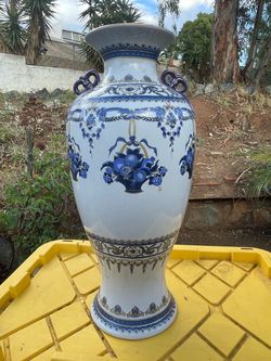 Large 24” Blue & White Porcelain Floor Vase with Gold Accents