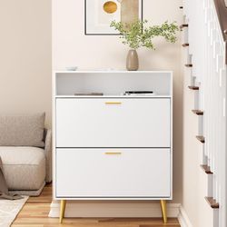 CARPETNAL Shoe Cabinet for Entryway Slim, White Shoe Storage Cabinet with 2 Flip Drawers, Narrow