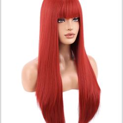 RED WIG STRAIGHT LONG HAIR WITH BANGS 