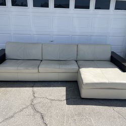 Modern Cream Leather Sectional w/ Chaise + Wood Armrests – Contemporary Sofa