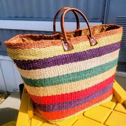 Large Handwoven , Leather Handled Tote/Bag- Good Cond-$8-Yucaipa