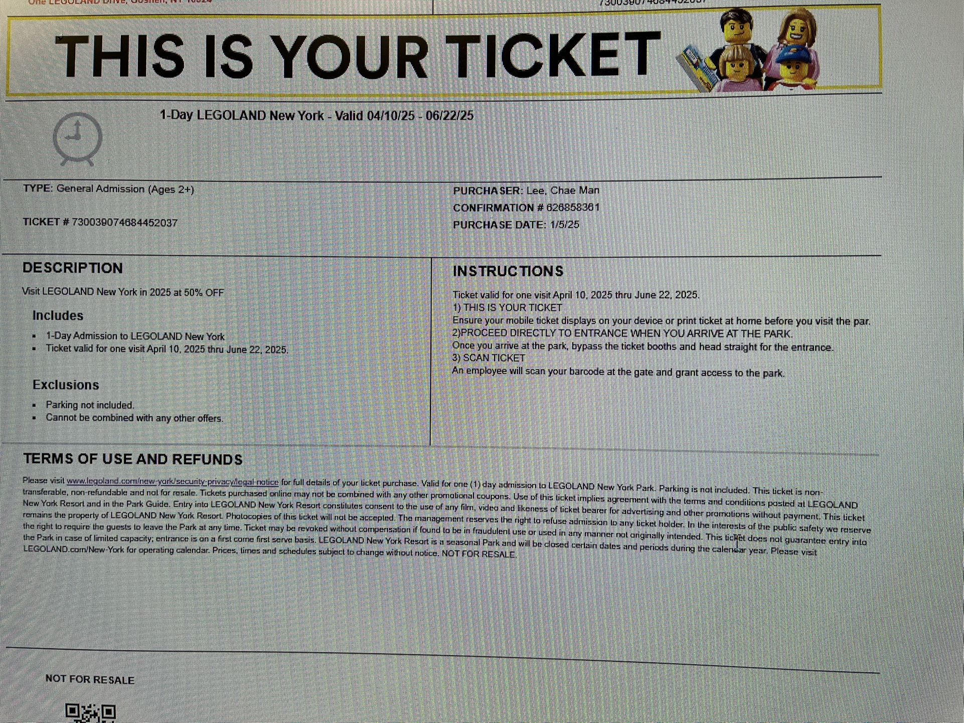 New York Legoland Ticket (total 3)