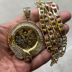 80.8 grams Figaro necklace and cz pendant  -14k Premium gold plated-