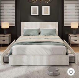 Full Size Bed Frame with 4 Storage Drawers, Upholstered Platform Bed Frame with Wooden Slats Support, Beige