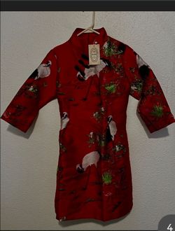 Red Crane Print Cheongsam Mini Dress