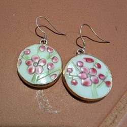 Hand Made Ceramic Cherry Blossom Earrings Sterling Silver Stamped 