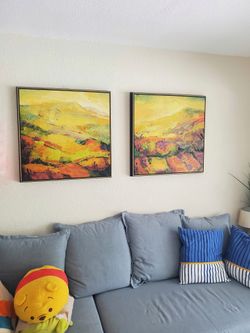 Two 29×29 Pictures By La Porte. $300 Each Orinally. Yellow, Orange, Green Colors.