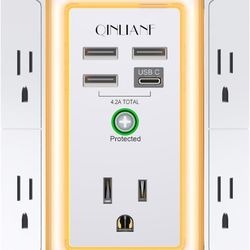 ☆ 3-Sided Outlet Extender with Night Light - QINLIANF Multi Plug Outlet with 5 Outlets and 4 USB Ports(1 USB-C), USB Wall Charger for Home, Office, Tr