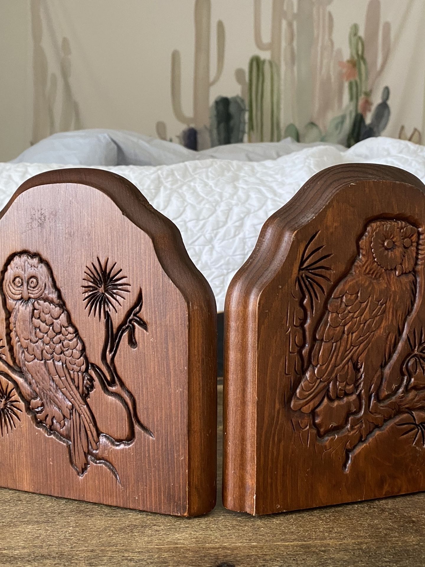 Vintage Midcentury MCM Carved Owl Bookends Brass