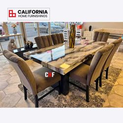 7 Piece Faux Marble Top Dining Room Set - Kitchen Table, Side Chairs