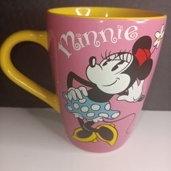 Disney Store Minnie Mouse Coffee Cup Mug Pink Yellow 2 Sided Genuine Aufhentic