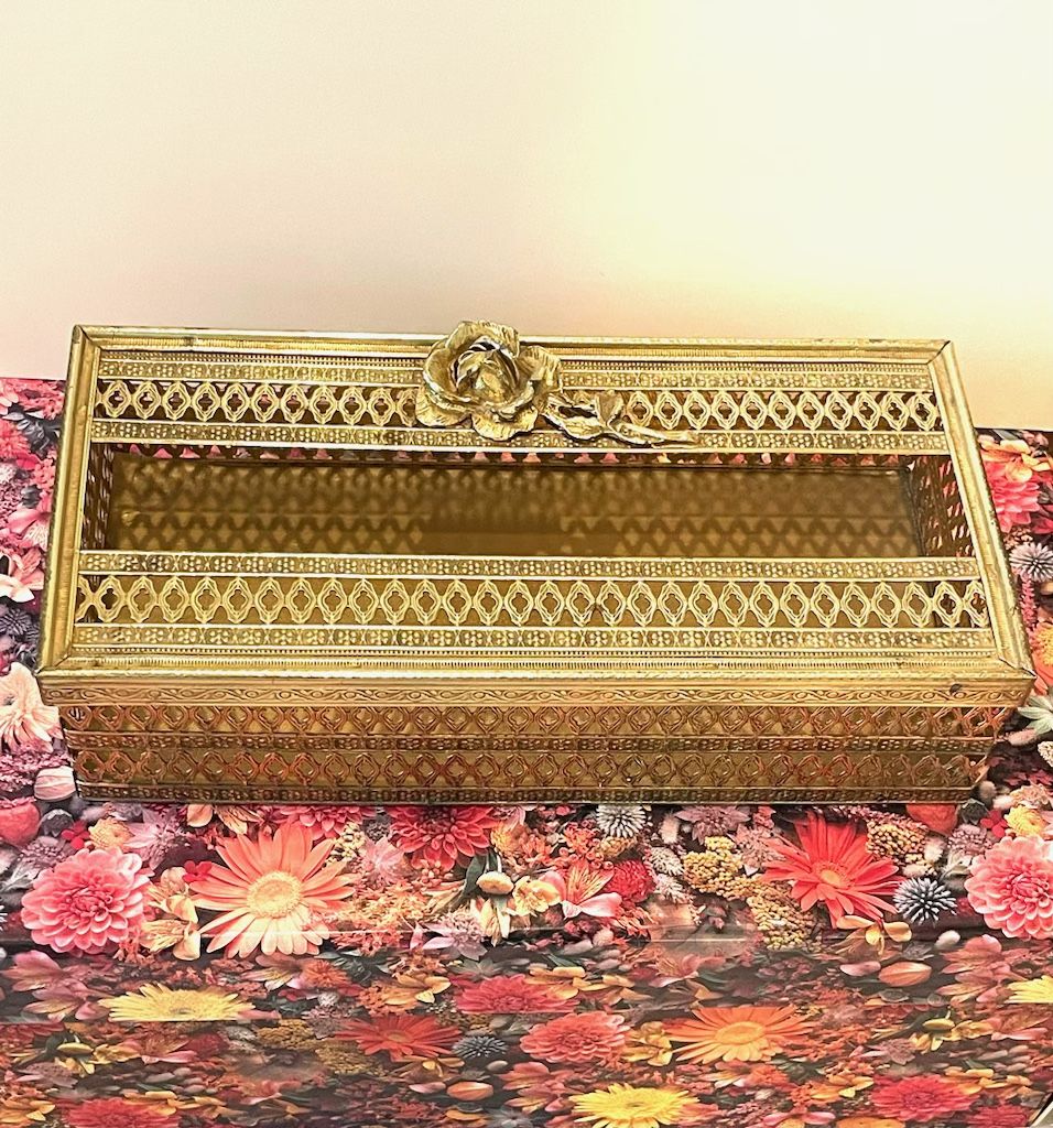Vintage Rose Adorned Gilt Kleenex Box