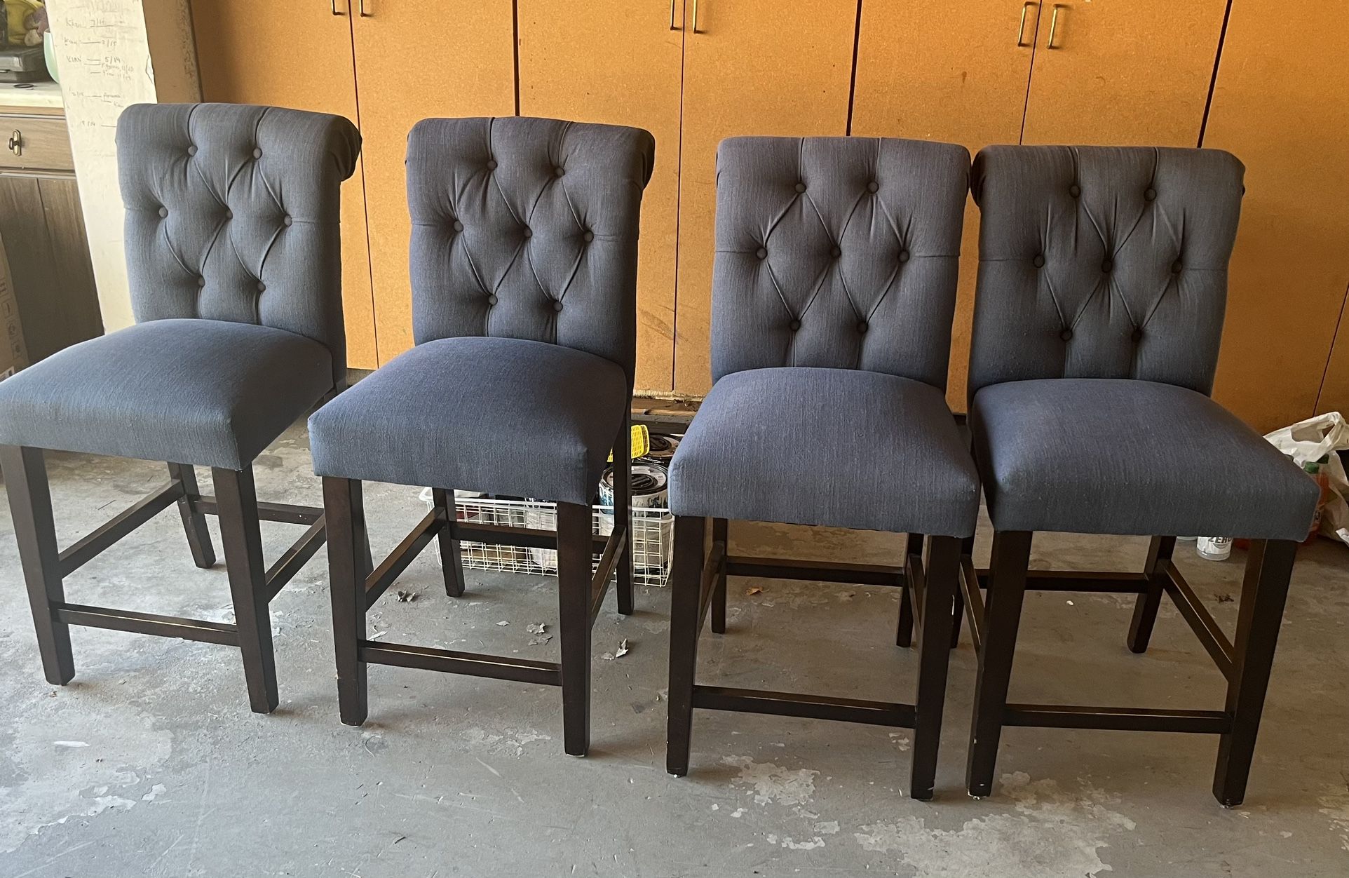 Set of 4 Blue Upholstered Counter Stools – Tufted Back, Good Condition