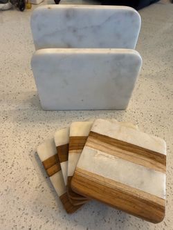 Marble and Wood Coaster Set with Holder