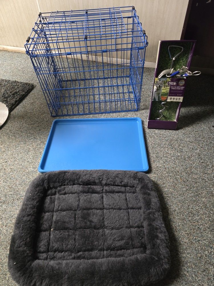 Bundle: Dog cage, plastic tray, dog bed, & new leash.