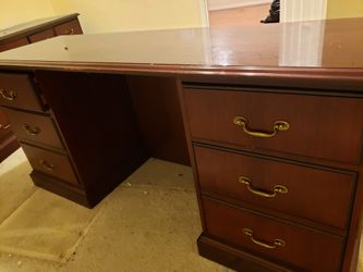 Red wood desk, file cabinet