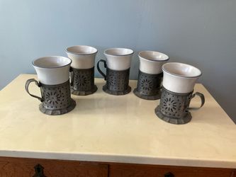 Set of 5 Vintage Phaltzgraff Yorktowne Coffee Mugs with Punched Tin Holders