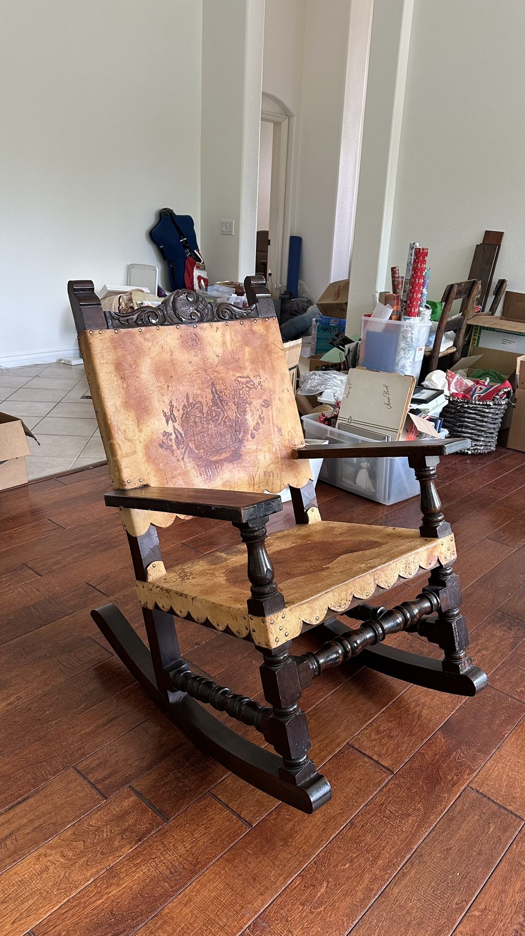 Vintage Rustic Wooden Rocking Chair w/ Leather Upholstery – Carved Armchair