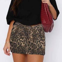 LARGE LEOPARD  Print Denim Mini Skirt High Waisted Sexy Bodycon Short Cheetah Print Jean Skirt